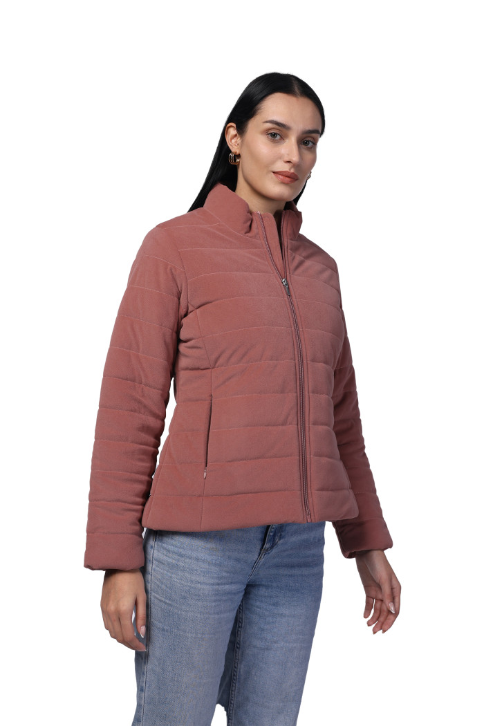 A model showcasing Women Quilted Jacket In Velvet Fabric With Concealed Zipper Pocket thumbnail.